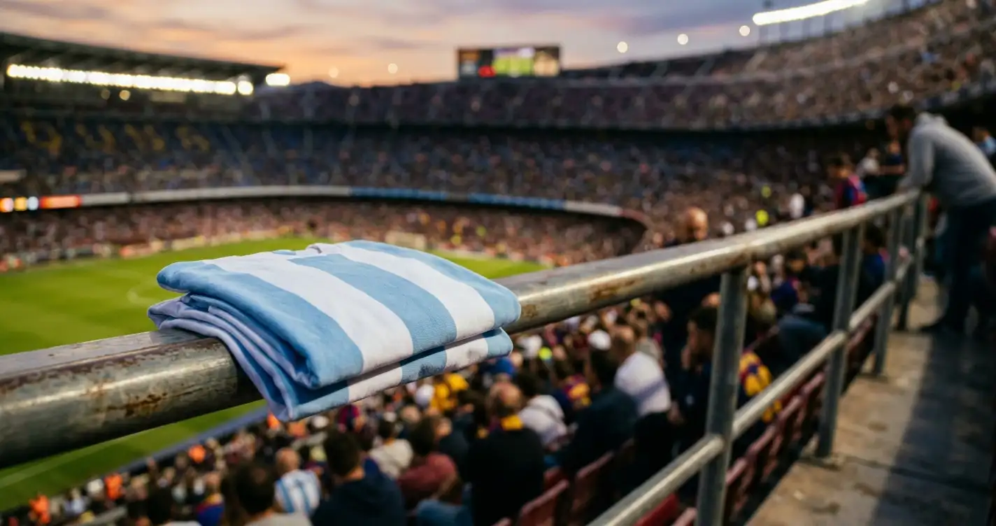 Symbolbild eines weiss-blauen Trikots vor einer hell beleuchteten Stadion-Tribüne bei der WM 2026