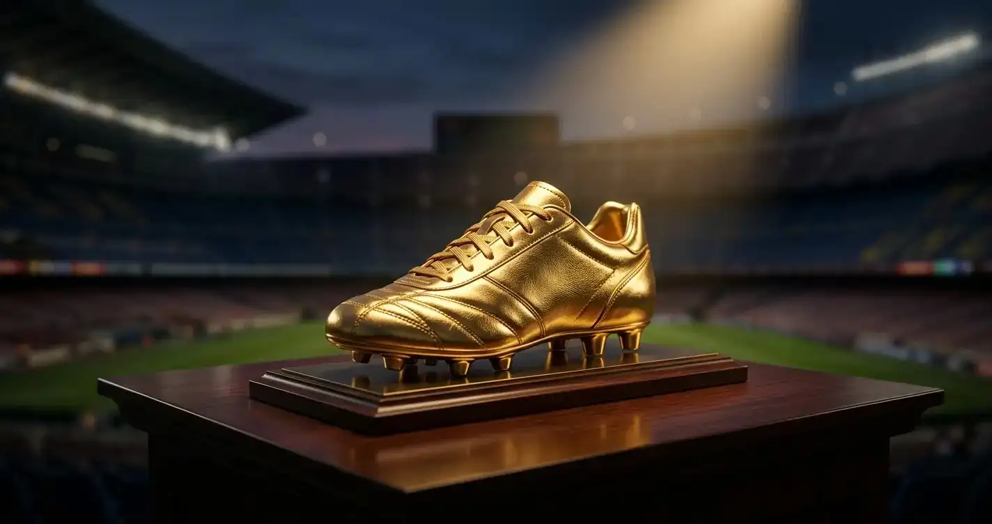 Symbolbild einer Goldener-Schuh-Trophäe vor unscharfem Stadionhintergrund