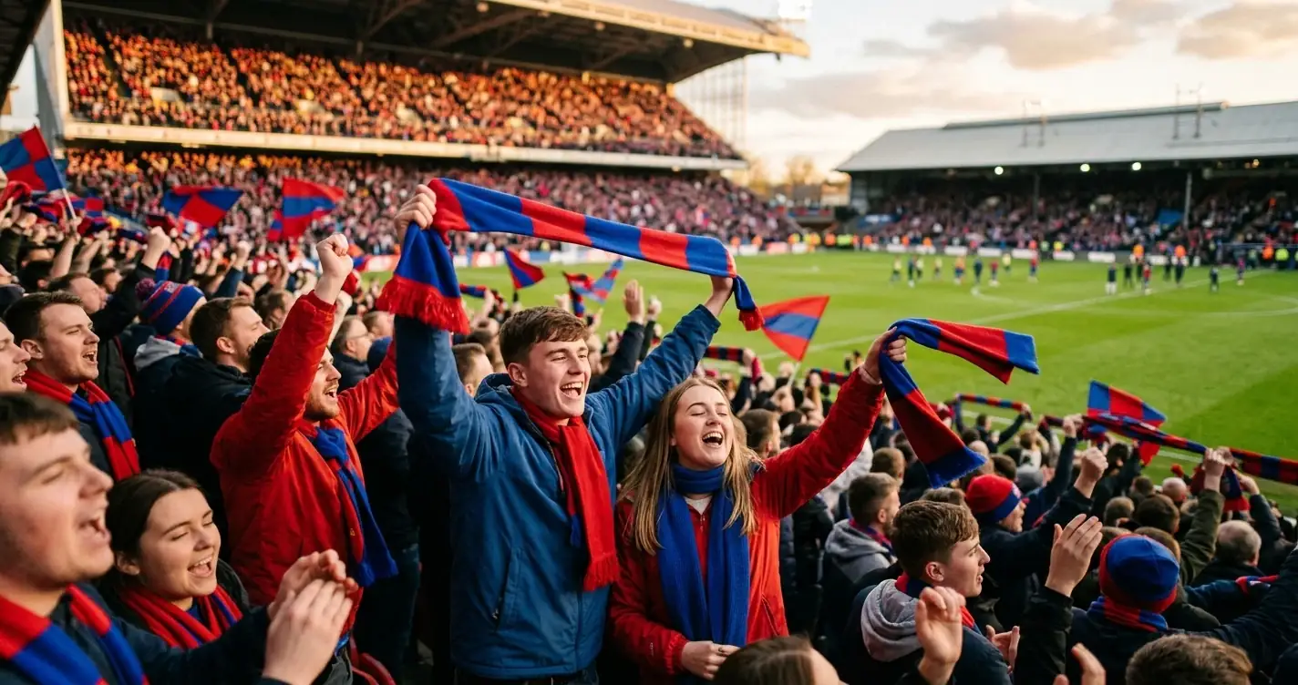 Fans in rot und blau feiern vor einem WM-Halbfinal in einer Stadionkulisse