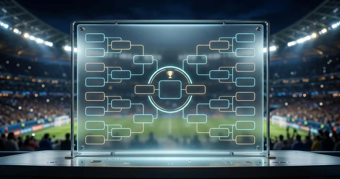 Symbolische Bracket-Darstellung der WM-2026-K.o.-Runde mit Stadionhintergrund