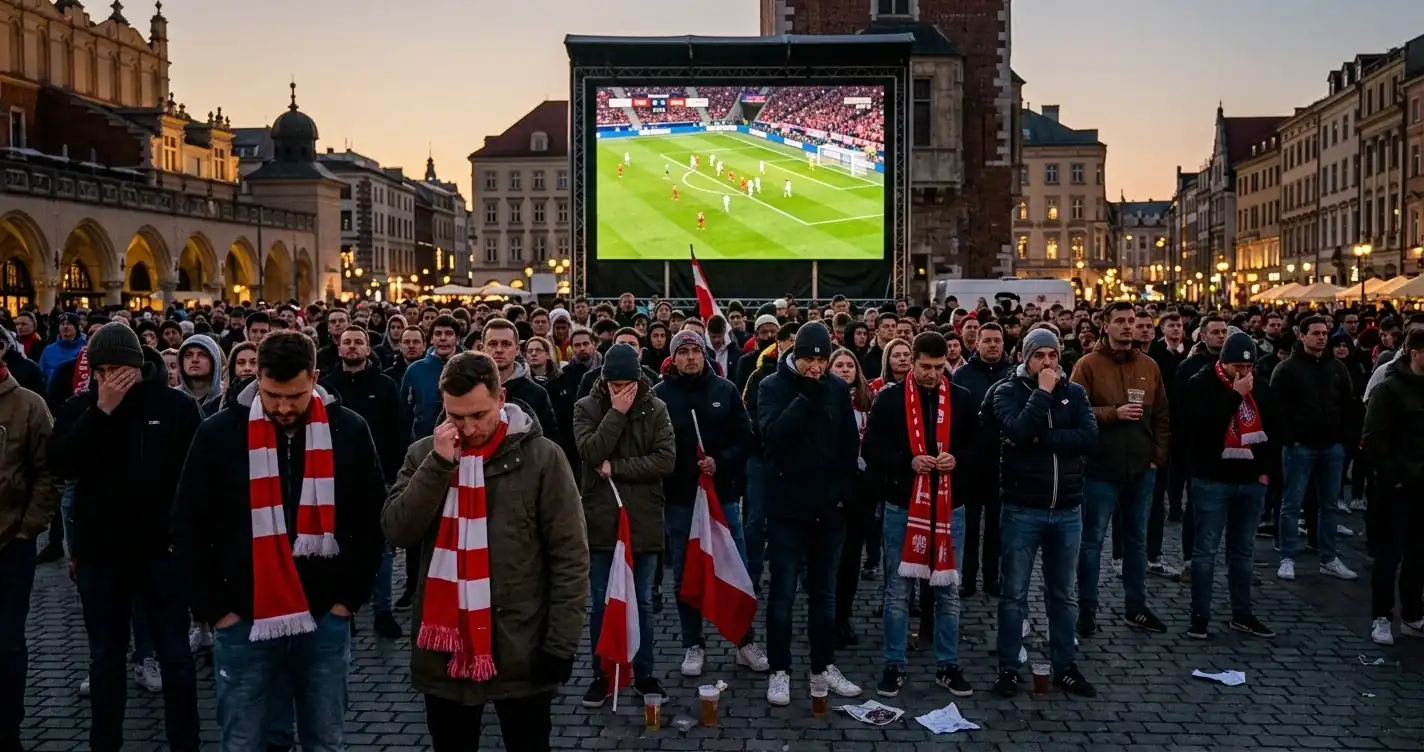 Fans einer Nationalmannschaft verfolgen enttäuscht ein WM-Spiel auf einer Grossleinwand