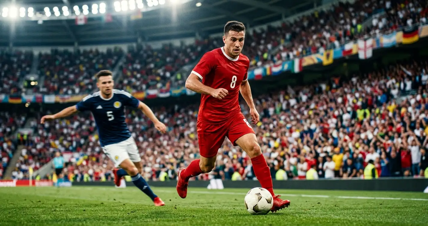 Ein Mittelfeldspieler in rotem Trikot führt den Ball beim WM-Viertelfinal 2026
