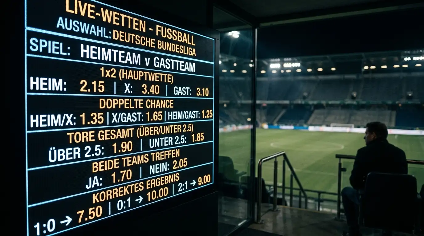 Digitale Quotentafel eines Wettanbieters in einem abgedunkelten Raum, leuchtende Zahlen, im Hintergrund ein unscharfer Fussballplatz