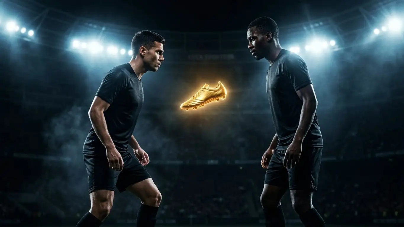 Zwei Fussballstürmer in dramatischem Flutlicht, ein goldener Schuh leuchtet zwischen ihnen