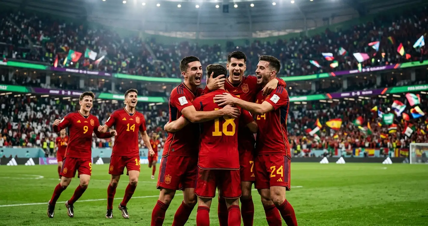 Jubelnde Fussballspieler unter Flutlicht nach einem dramatischen WM-Achtelfinal-Sieg